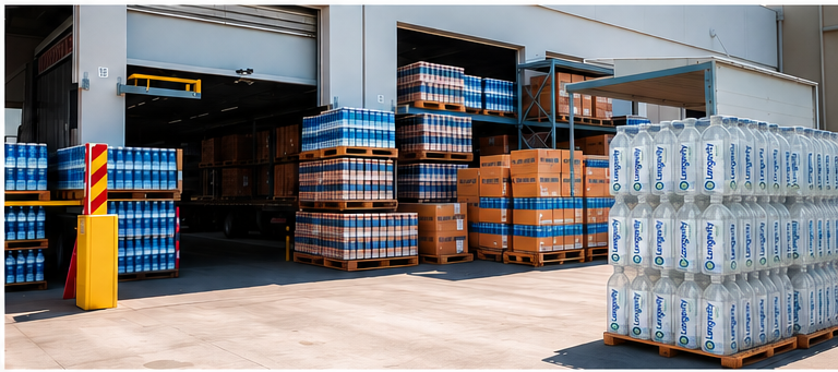 Pallets of bottled water cases at a distribution loading dock