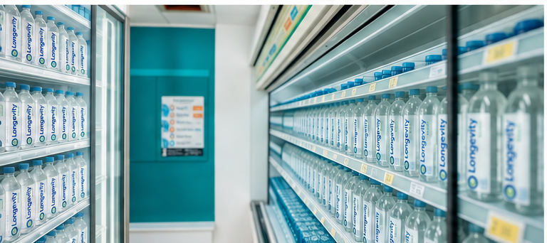 Premium retail beverage shelf lined with bottled water