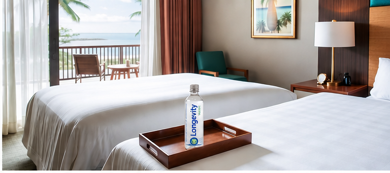 Boutique hotel suite with bottled water on a tray